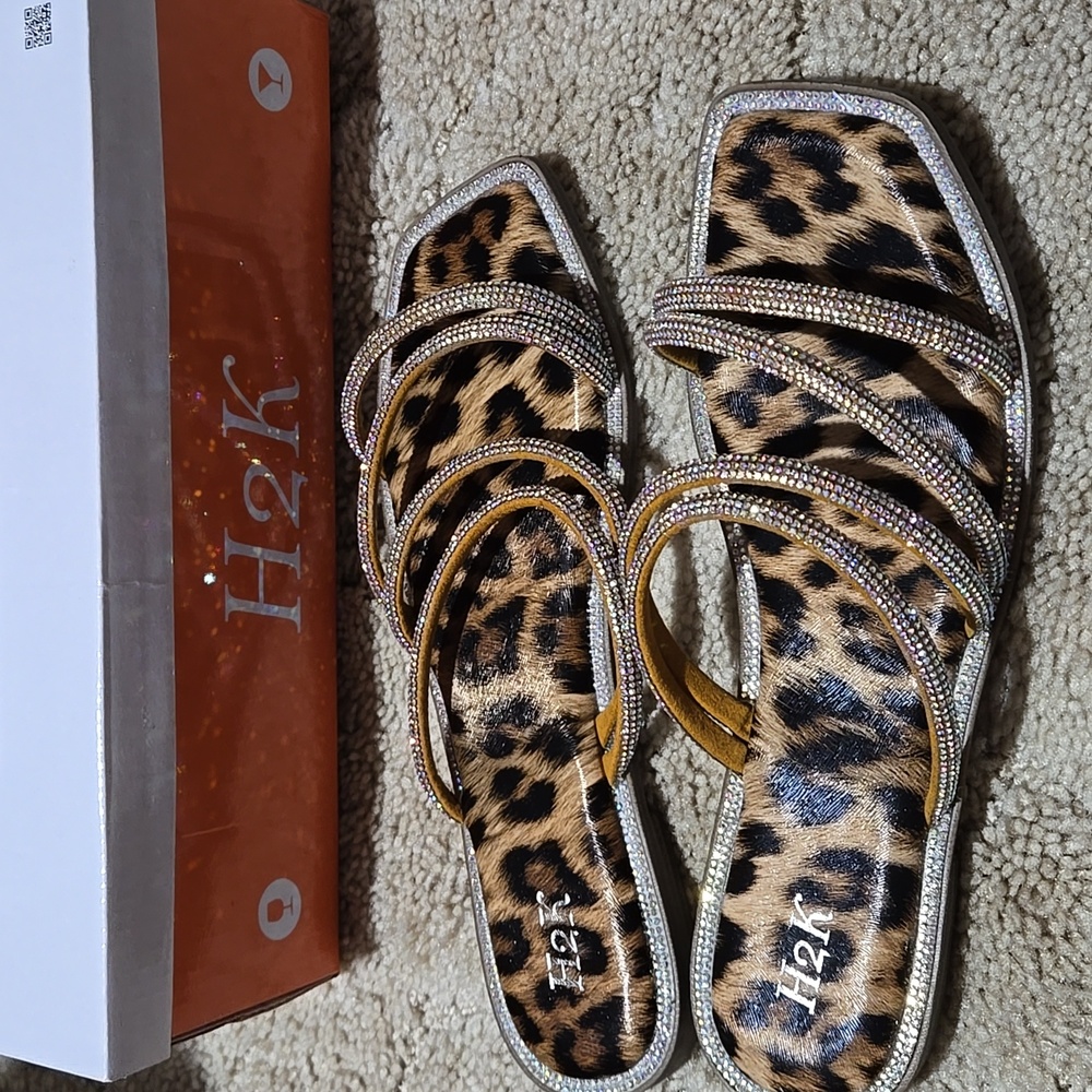 H2K Leopard Print Women's Sandals with Sparkling Accents